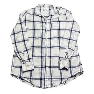 GAP 100% Linen Plaid Button Down Shirt Long Sleeve Relaxed Fit White Blue size S